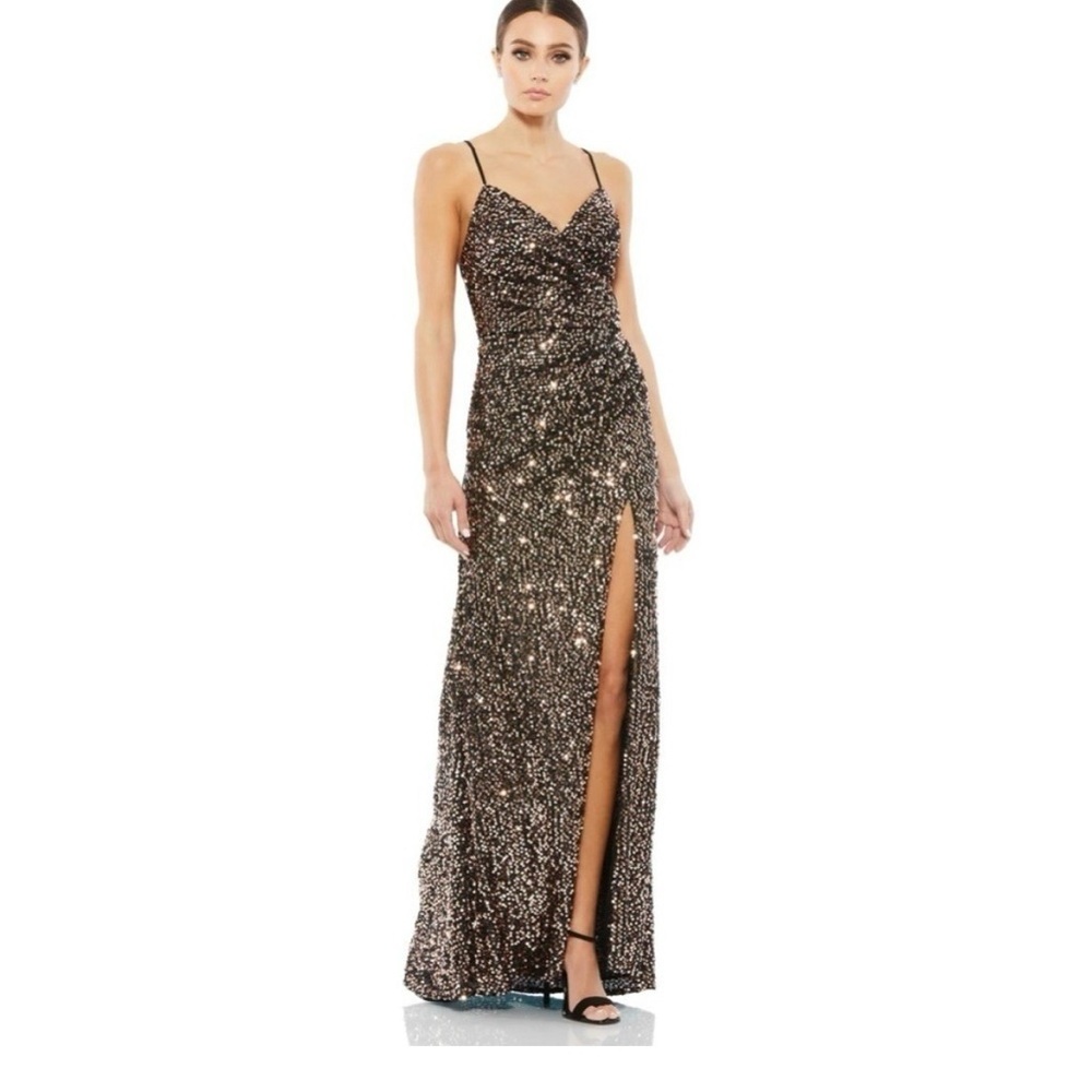 Sequin Spaghetti-Strap Prom Gown in Black Gold